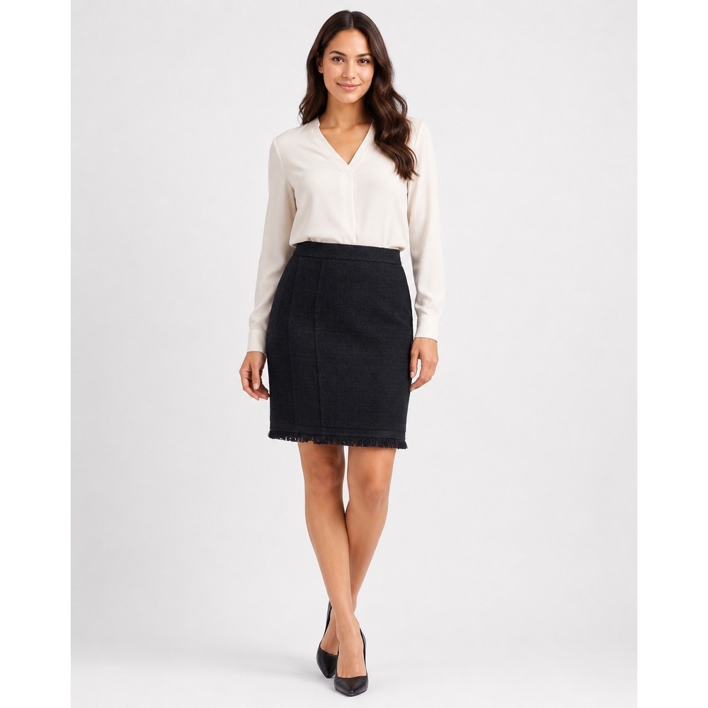 J.Crew Black Cotton Tweed Pencil Skirt Fringe Hem Grosgrain Trim Size 10